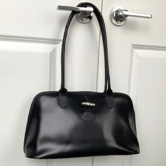 Longchamp Handbags - Vintage LONGCHAMP Black Leather Roseau Domed Shoulder Bag Purse France